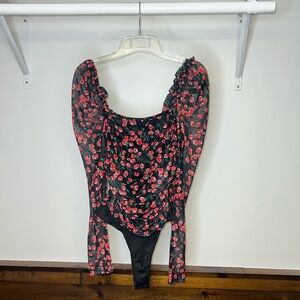 Lulu’s Black and Red Floral Mesh Long Sleeve Bodysuit- Small